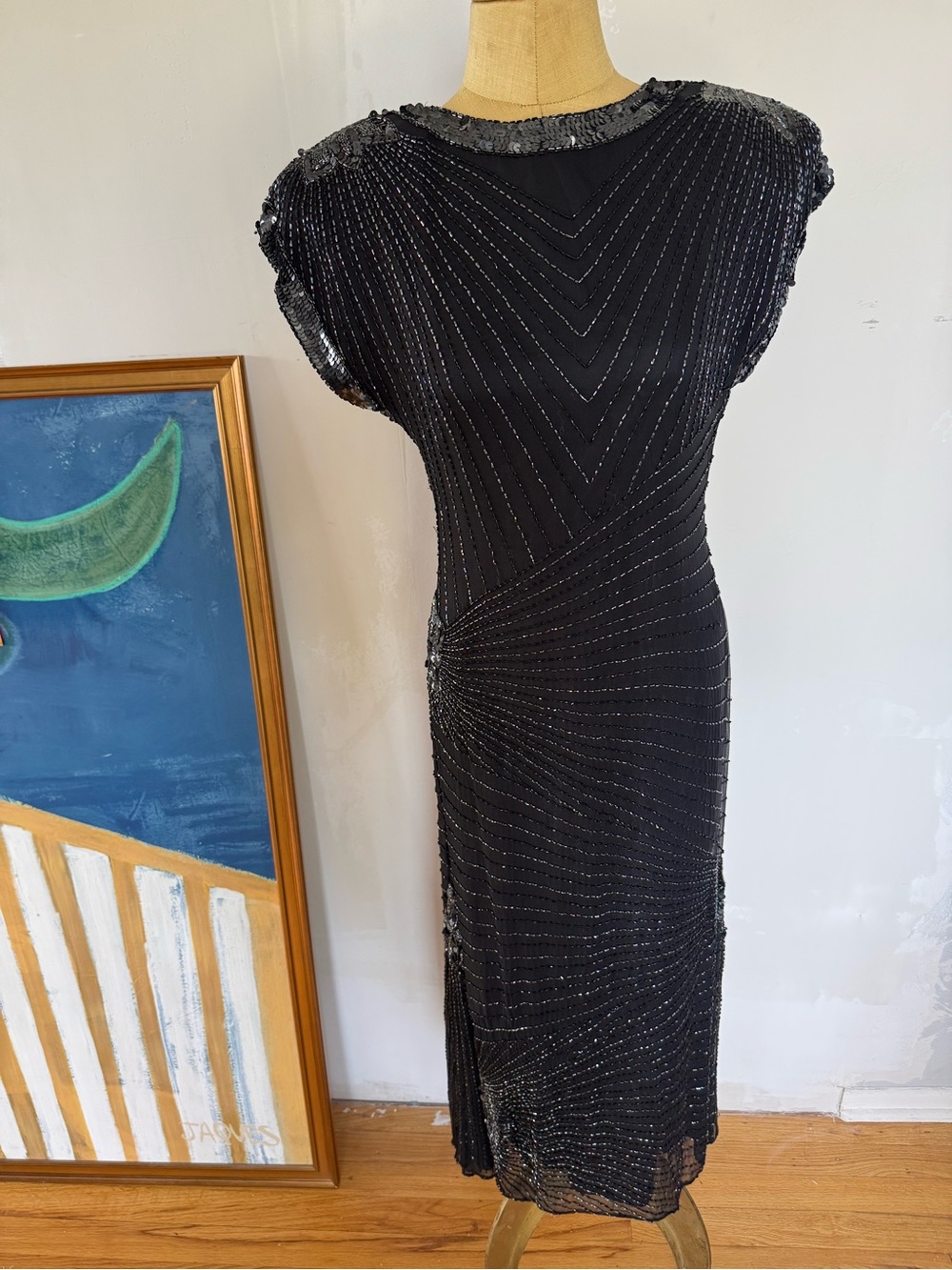 Vintage Black Beaded Cap-Sleeve Evening Dress